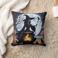 Witch brewing potions on a Halloween night Throw Pillow