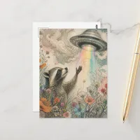 Adorable Raccoon in wildflowers and the UFO Postcard