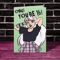 Punk Teen Girl Green Cartoon 16th Birthday Card