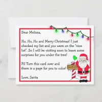 Letter from Santa for Kids + Coloring Page on Back Postcard