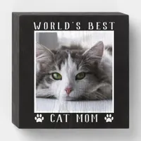World's Best Cat Mom Your Pet's Photo Black White Wooden Box Sign