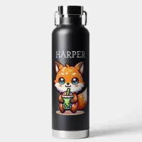 Cute Kawaii Fox with Bubble Tea Personalized Water Bottle