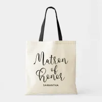 Black Modern Calligraphy Matron of Honor Tote Bag