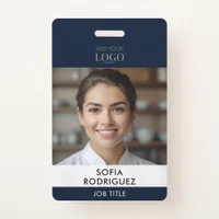 Sleek Modern Navy Blue Corporate Photo Barcode ID Badge