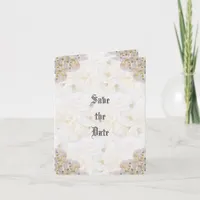 Romantic white roses save the date  note card