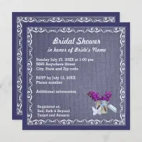 Denim Blue Burlap, Purple Flower, Jar Bride Shower Invitation