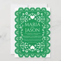 Mexican Papel Picado Green White Folk Art Wedding Invitation