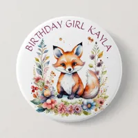 Baby Fox in Flowers Birthday gIRL Personalized  Button