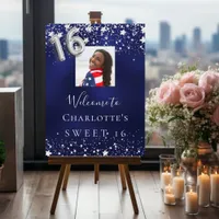 Sweet 16 navy blue silver stars photo welcome foam board