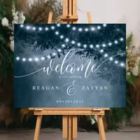 Rustic Navy Blue Tree String Light Wedding Welcome Foam Board