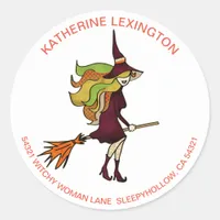 Cute Girly Halloween Witch Broomstick Address Classic Round Sticker