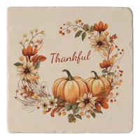 Thankful Pumpkin and Autumn Flowers Wreath Trivet