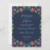 Mexican Navy Blue Vintage Folkloric Floral Wedding Invitation