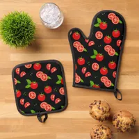 Tomato Pattern Red and Black Ripe Tomatoes Oven Mitt & Pot Holder Set