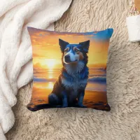 Dog sitting on Ocean Beach at Sunset Throw Pillow