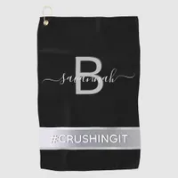 Black silver minimalist monogram motivational golf towel