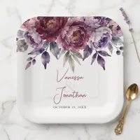 Burgundy Plum Watercolor Peony Fall Wedding Paper Plates