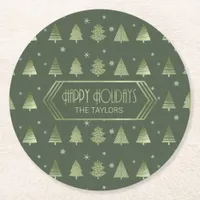 Christmas Trees and Snowflake Pattern Green ID863  Round Paper Coaster
