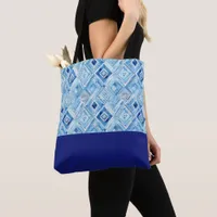 Blue, White Diamond-shaped Patchwork Solid Bottom Tote Bag