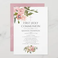 Blush Pink & Rose Gold Floral First Holy Communion Invitation