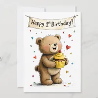 Cute Whimsical Teddy Bear Happy 1st Birthday Flat Card
