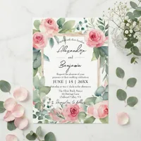 Blush Pink Floral Eucalyptus Gold Frame Wedding Invitation