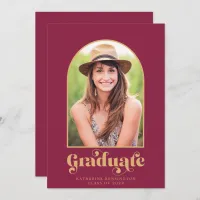 Modern Burgundy Gold Arch Photo Graduation Party Invitation