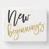 Chic Gold Black Script Typography New Beginnings Wooden Box Sign