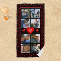 Photo Collage Family Personalized Red Heart & Name Beach Towel