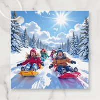 Children Gleefully Sledding Winter Fun Favor Tags
