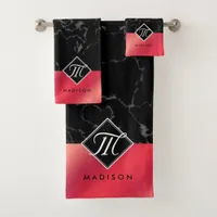 Elegant Black Marble & Rosé Red Foil Monogram Bath Towel Set