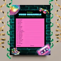 Word Scramble 90s Neon Disco Birthday Game