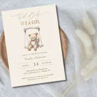 Vintage Teddy Bear Script Girl Baby Shower Invitation