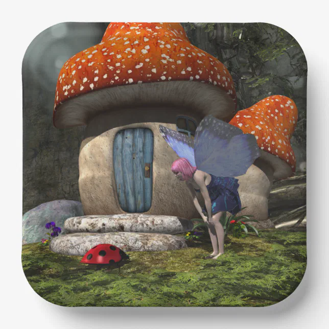 Cute Pink-Haired Fairy Meets Ladybug Paper Plates