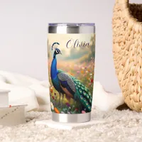 A Green and Blue Peacock in Flowers Personalized Insulated Tumbler