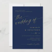 Romantic Modern Navy Blue Gold All in One Wedding Invitation