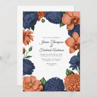 Coral & Navy Blue Watercolor Floral Wedding Invitation