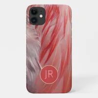 Pretty Coral Pink Flamingo Feathers Monogram iPhone 11 Case