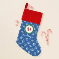 Monogram Wreath Your Name Blue & White Snowflakes Christmas Stocking