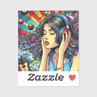 Girl Listening to Music on Headphones Psychedelic Sticker