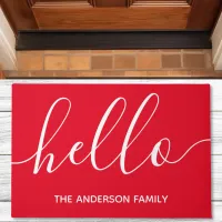 Personalized Red Script Hello Doormat