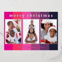 Fun Pink Striped 3 Photo Collage Merry Christmas Foil Holiday Card