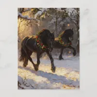Beautiful Black Horses Winter Forest Christmas Postcard