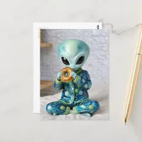 Funny Alien Eating a Bagel in Bed Postcard