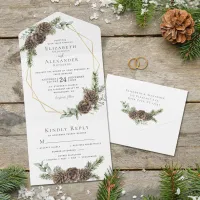 Rustic Watercolor Winter Forest Pine Cone Wedding All In One Invitation