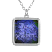 Best Mom with Blue Flower Background Silver Plated Necklace