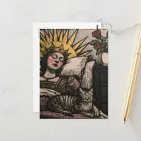 Woodblock Beautiful Sleepy Queen and her Cat Postcard