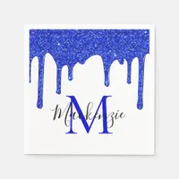 Sparkle Royal Blue Glitter Drips Monogram Napkins