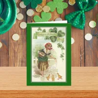 Vintage St. Patrick's Lady Feeding Baby Chickens Card