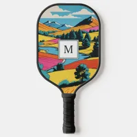 Bright Pop Art Colorful Landscape Monogrammed Pickleball Paddle